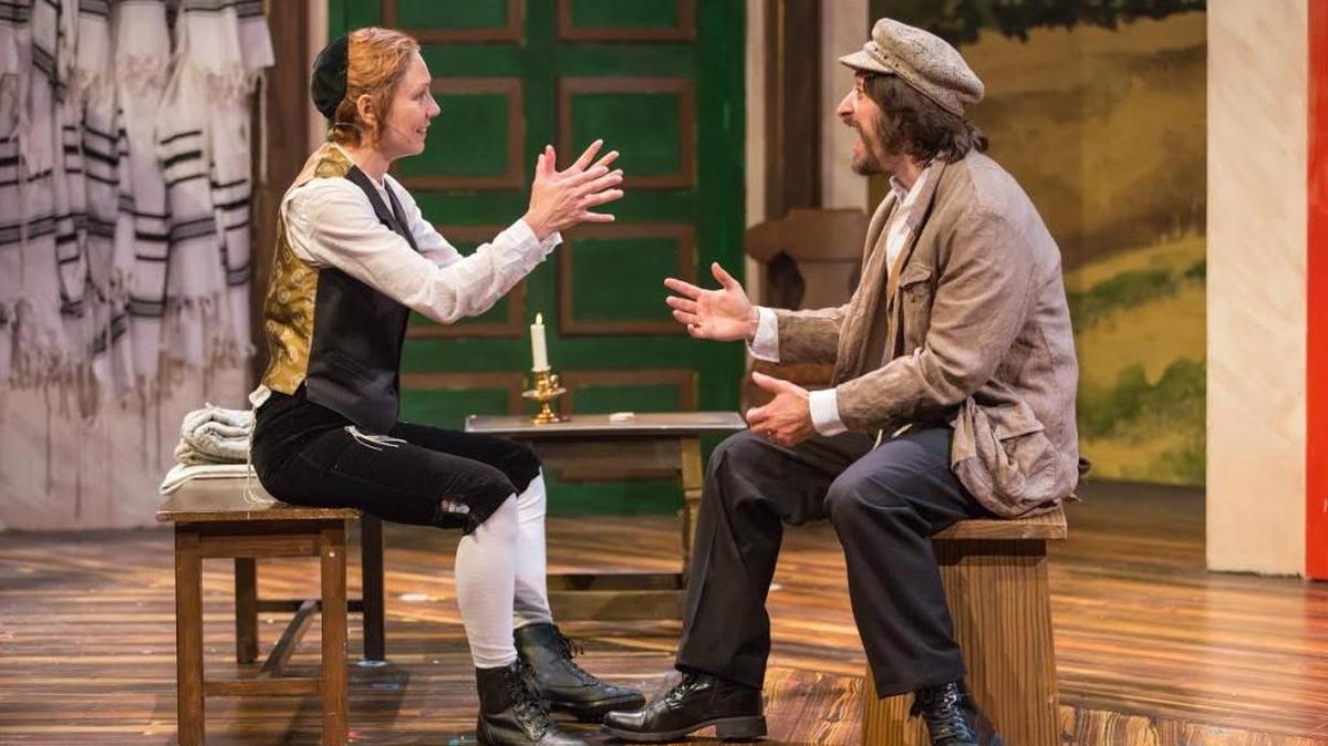 Shanara Gabrielle as Anshel and Andrew Michael Neiman as Agvidor quickly become best friends while studying in a yeshiva in the musical "Yentl."