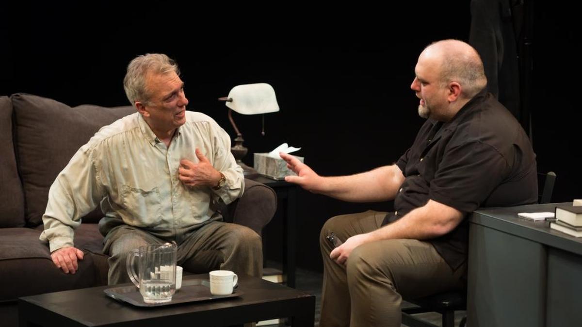 Jerry Vogel, left, and Christopher Harris as penitent and therapist in "Shining City, presented by Upstream Theatre at Kranzberg Arts Center in St. Louis.