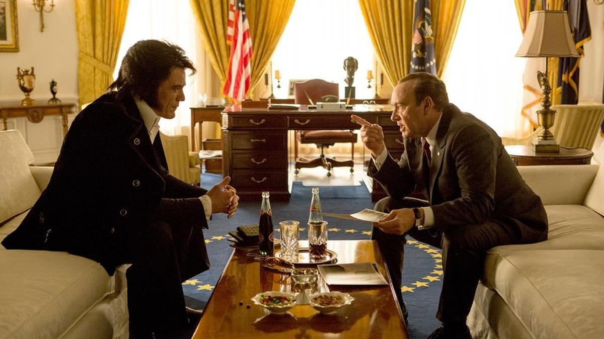 Michael Shannon, left, portrays Elvis Presley and Kevin Spacey portrays President Richard Nixon in a scene from “Elvis & Nixon.”