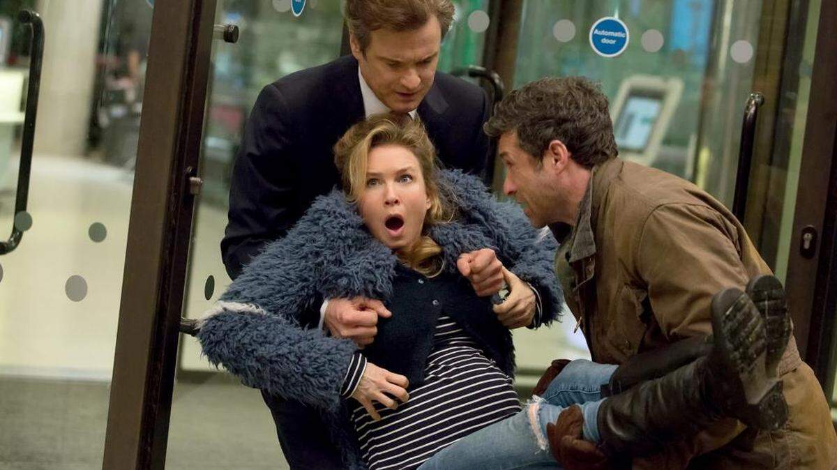 Colin Firth, left, and Renee Zellweger — who reprise their roles — are joined by Patrick Dempsey in “Bridget Jones’s Baby.”