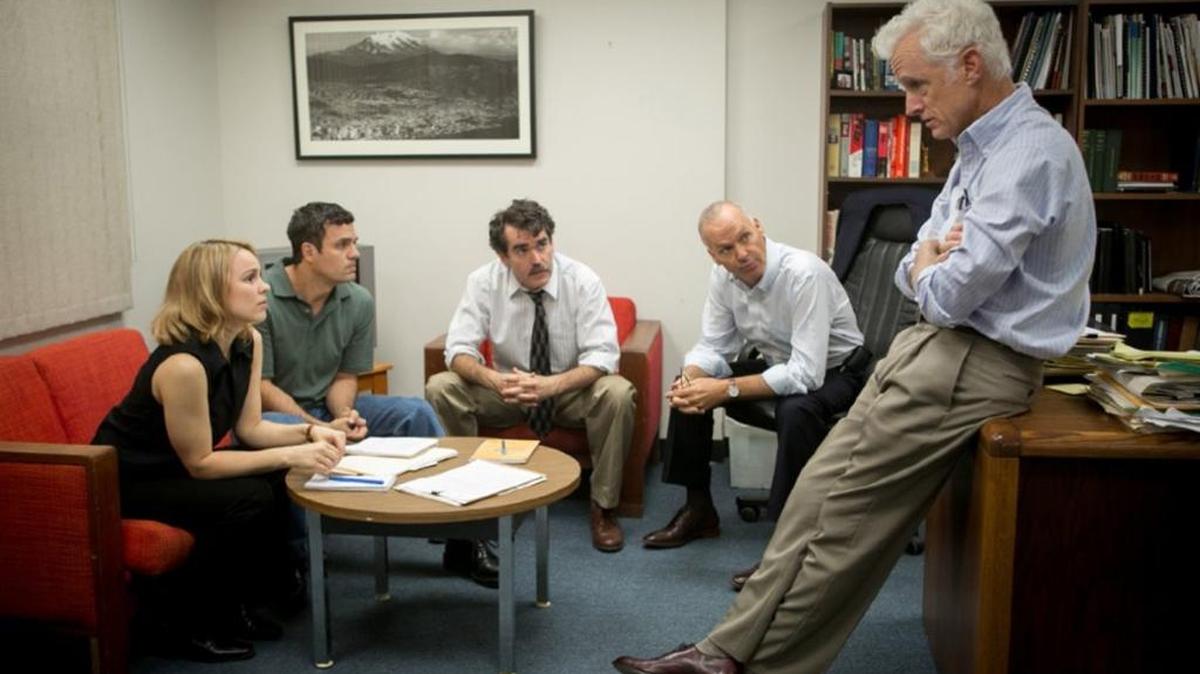 From left: Rachel McAdams, Billy Crudup, Mark Ruffalo, Michael Keaton and John Slattery in a scene from “Spotlight.”