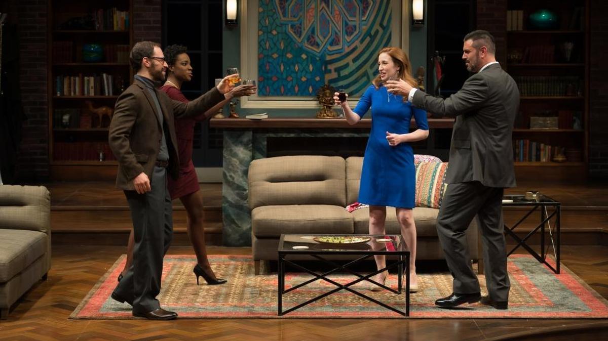 A dinner party turns sour among couples in “Disgraced.” From left, Jonathan C. Kaplan, Rachel Christopher, Leigh Williams and John Pasha.