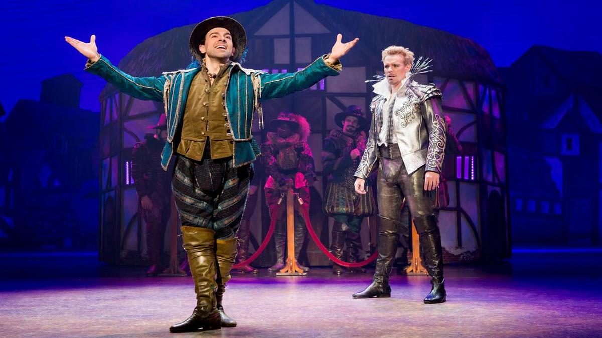 Rob McClure as Nigel Bottom and Adam Pascal as Shakespeare are Broadway principals now on tour in “Something Rotten!”