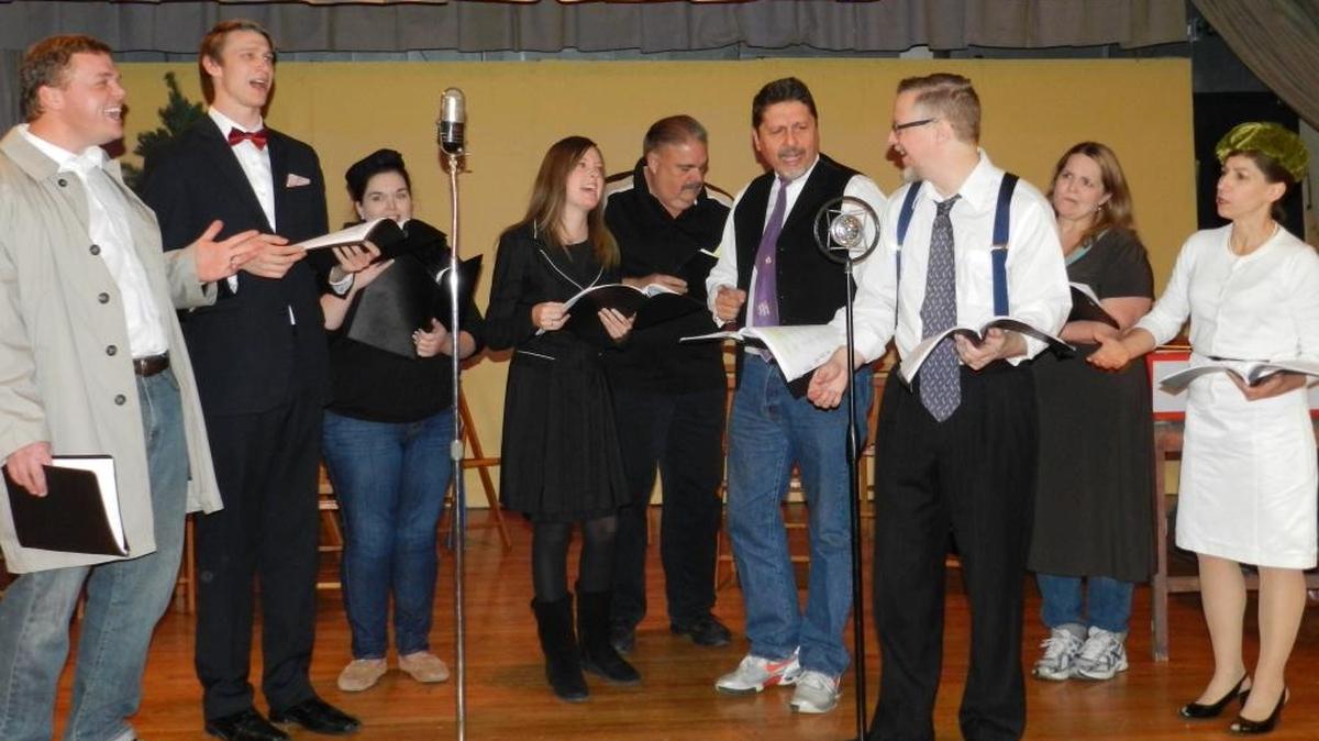 Brass Rail Players rehearse a scene from “It’s a Wonderful Life, The Radio Play,” which will be presented at 7:30 p.m. Friday and Saturday and 2 p.m. Sunday at Turkey Hill Grange in Belleville.