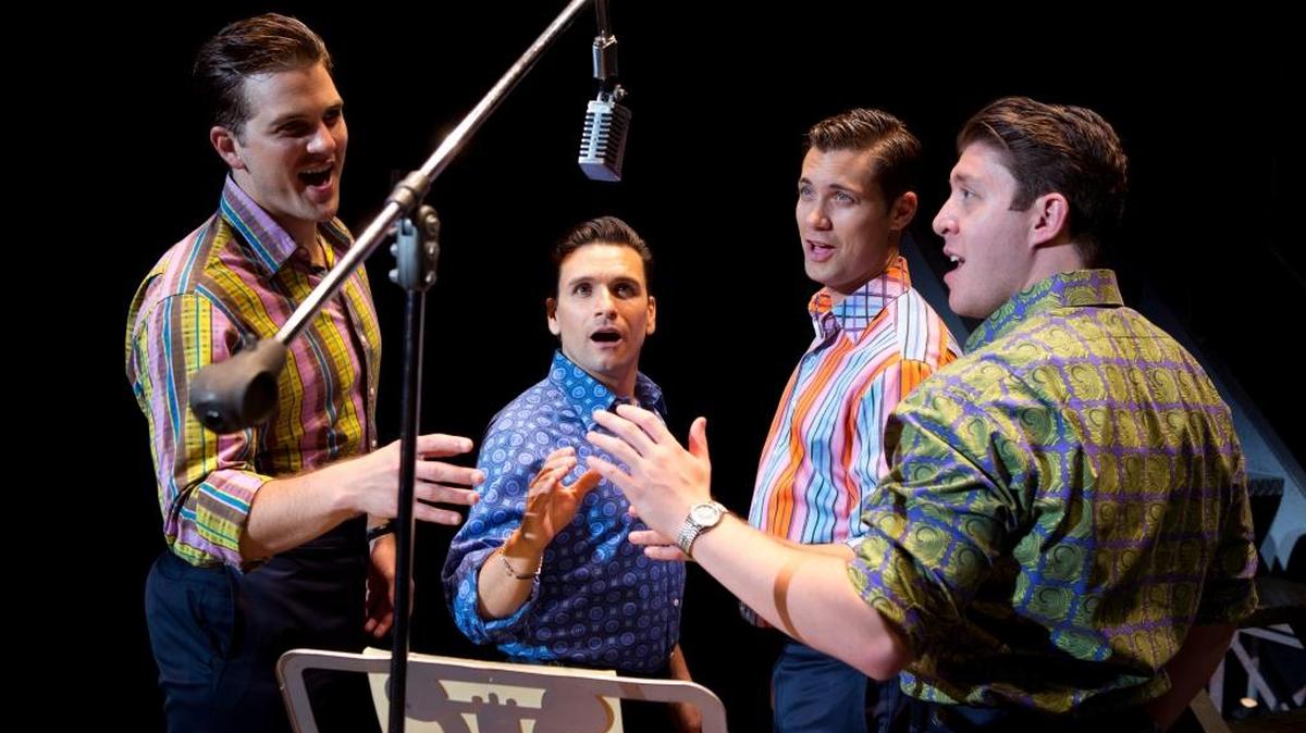 The Four Seasons in the recording studio in “Jersey Boys.” Aaron DeJesus, as Frankie Valli, is second from left.