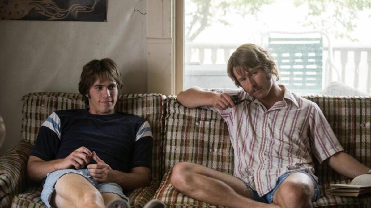 Glen Powell and Blake Jenner chill in a scene from “Everybody Wants Some!”