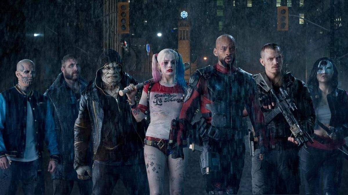 Diablo (Jay Hernandez), left, Boomerang (Jai Courtney), Killer Croc (Adewale Akinnuoye-Agbaje), Harley Quinn (Margot Robbie), Deadshot (Will Smith), Rick Flag (Joel Kinnaman) and Katana (Karen Fukuhara) in "Suicide Squad."