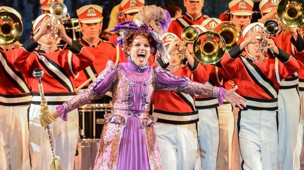 The O’Fallon Township High School Marching Panthers accompanied Beth Leavel in a number from “Hello, Dolly!” in the Muny Magic concert on Wednesday, just as they had done on the Muny stage in August 2014.