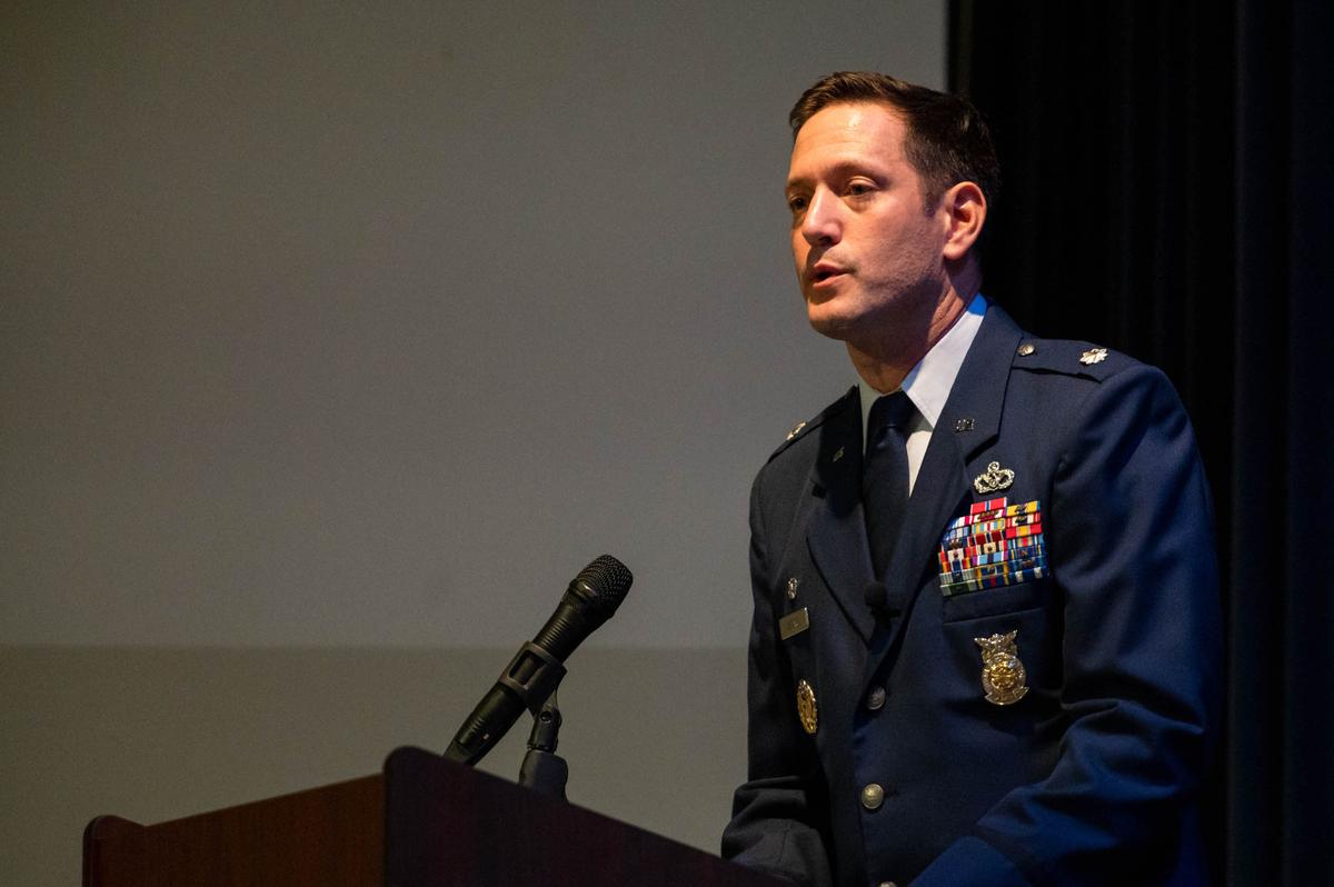 U.S. Air Force Lt. Col. Ryan Leblanc, 375th Civil Engineer Squadron commander, speaks during a U.S. Naturalization and Oath of Allegiance on Scott Air Force Base. Members of the 375th Air Mobility Wing had their naturalization process expedited with the help of the military shortening the time requirement to one year.