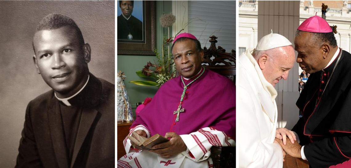 Bishop Edward K. Braxton is shown at the time of his 1970 ordination, in his official Catholic Diocese of Belleville portrait and with Pope Francis during a trip to the Vatican in 2015.