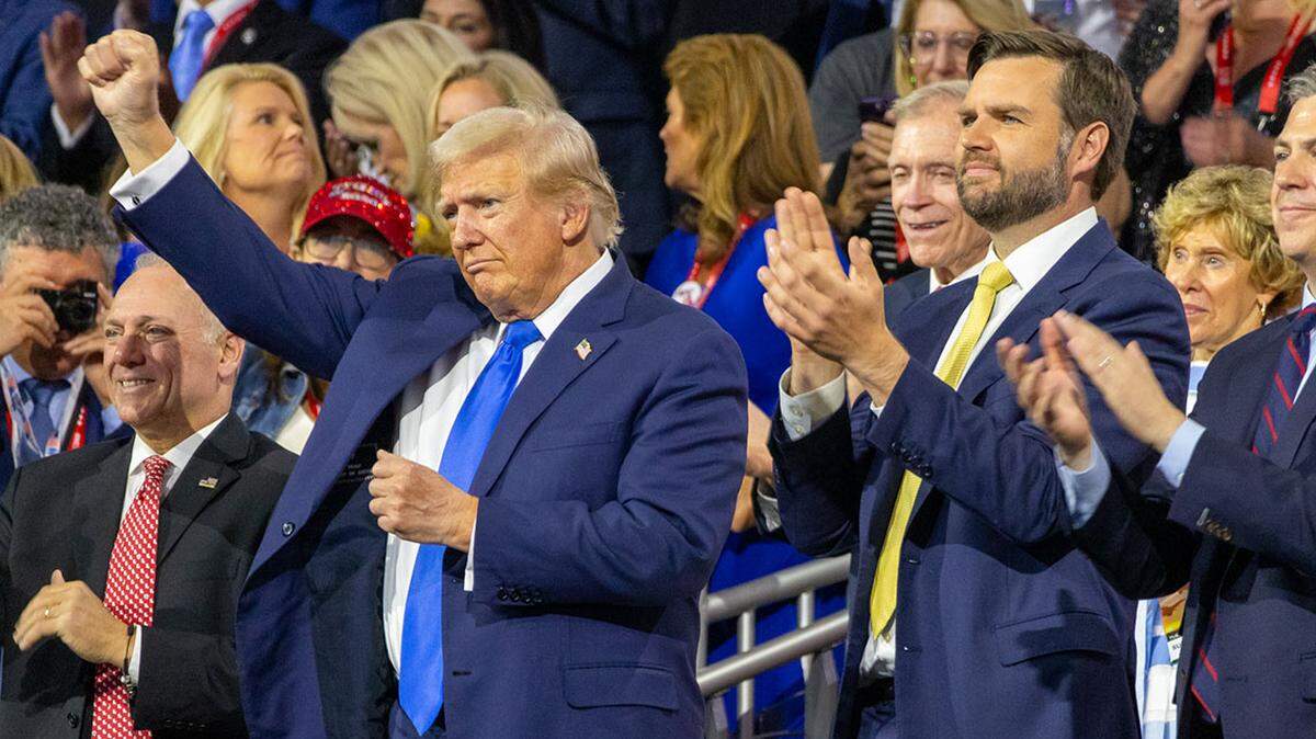 President Donald Trump raises his fist at the Republican National Convention in Milwaukee last year alongside U.S. Rep. Steve Scalise (left) and then-running mate J.D. Vance (right). His largest domestic policy bill, which makes drastic cuts to Medicaid, appeared poised to become law this week.
