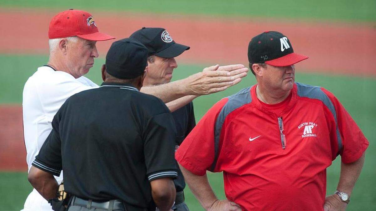 Longtime SIUE baseball coach Gary "Bo" Collins makes a point with the umpire during an Ohio Valley Conference game against Austin Peay in 2012.