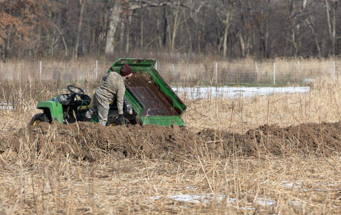 Joel Funk, owner of Funk Family Farm near Freeburg, stands next to a utility cart after emptying the mound of dead chickens that lay in the bed on Wednesday. Funk’s farm was infected with a case of avian influenza and the birds that didn’t die from the flu had to be put down.