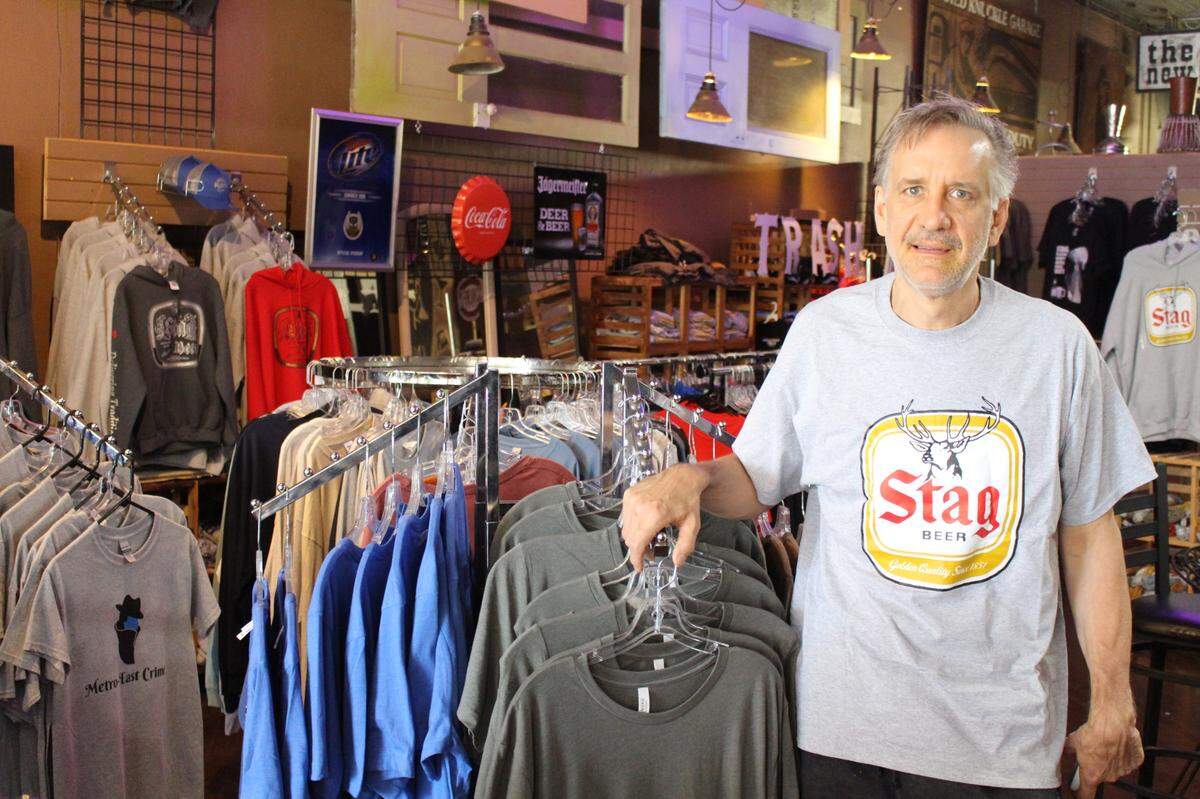 John Bigalke is the owner of Beatnik’s T-shirt shop on East Main Street in downtown Belleville. He estimates that Stag beer clothing accounts for 80% of retail sales on the floor.