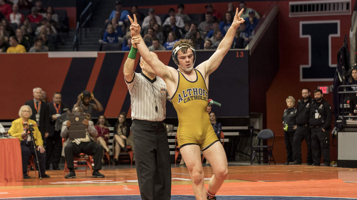 Althoff's Danny Braunagel after beating Coal City's Daniel Jezik in the Class 1A 160-pound division championship match at the IHSA Individual Wrestling State Tournament in February.
