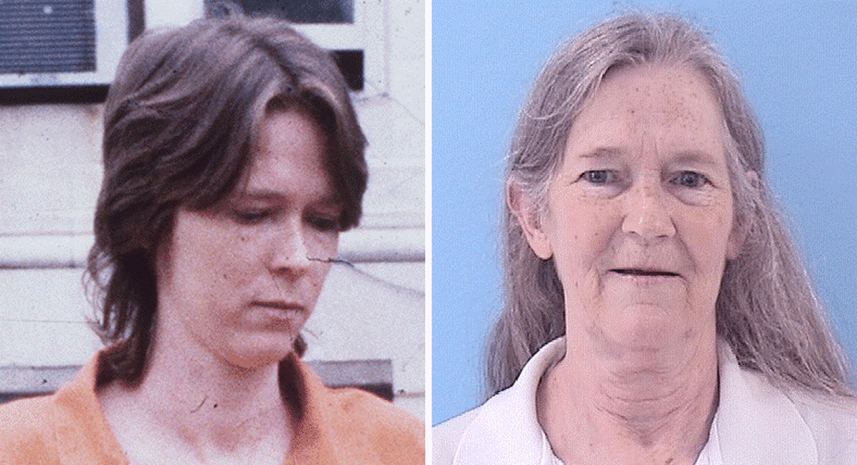 Paula Sims, left, is shown in police custody outside the Madison County Courthouse in 1989 and, right, in her most recent Illinois Department of Corrections photo.