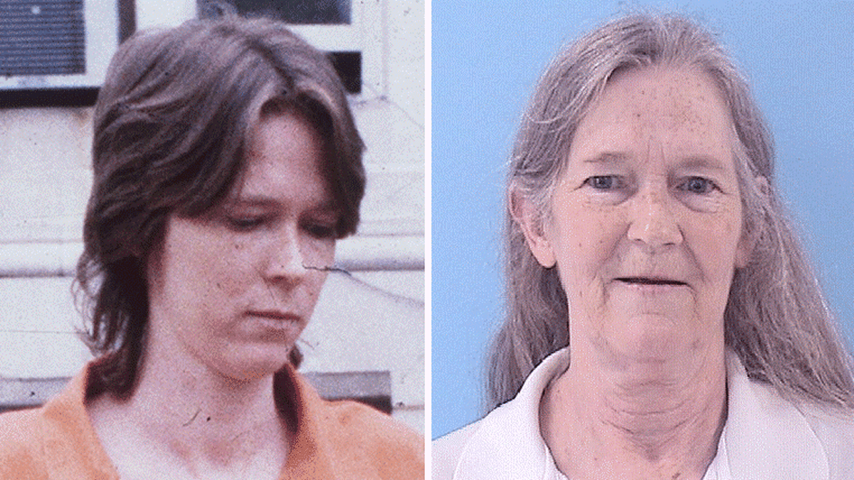 Paula Sims, left, is shown in police custody outside the Madison County Courthouse in 1989 and, right, in her most recent Illinois Department of Corrections photo.