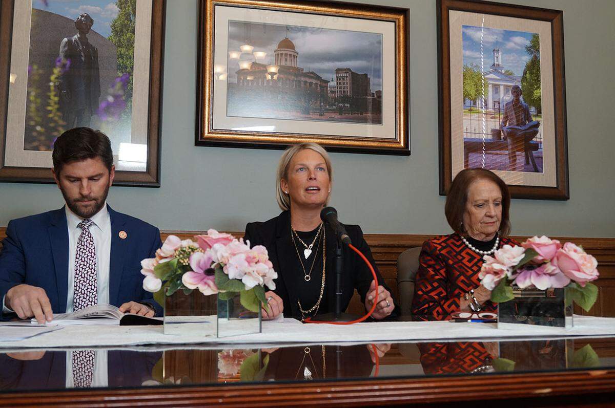 State Rep. Ryan Spain, R-Peoria, House Minority Leader Tony McCombie, R-Savana and state Rep. Norine Hammond, R-Macomb, speak to reporters after Gov. JB Pritzker’s annual budget address on Wednesday, Feb. 19, 2025.