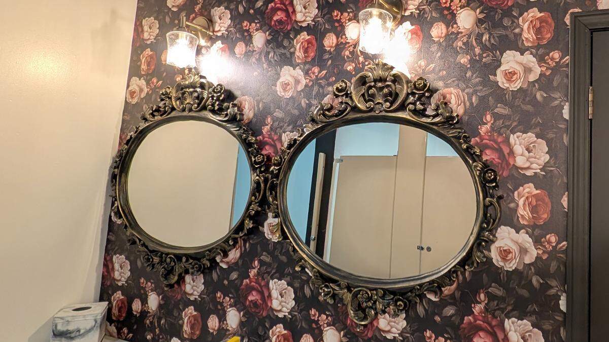 These two mirrors were found in the basement at 104 W. Main St. in Belleville. They are now located in the ladies' restroom at The Roundabout Bar & Grill, which is slated to open this spring.