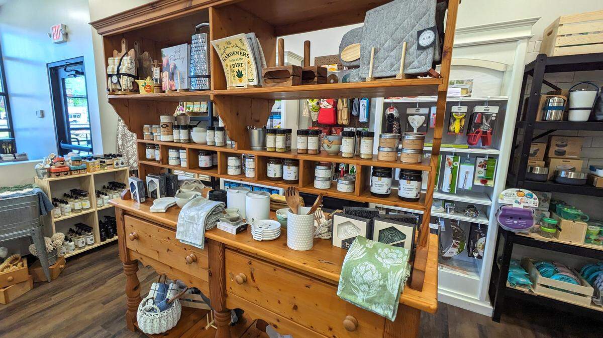 This display includes jams, seasonings and plant seeds