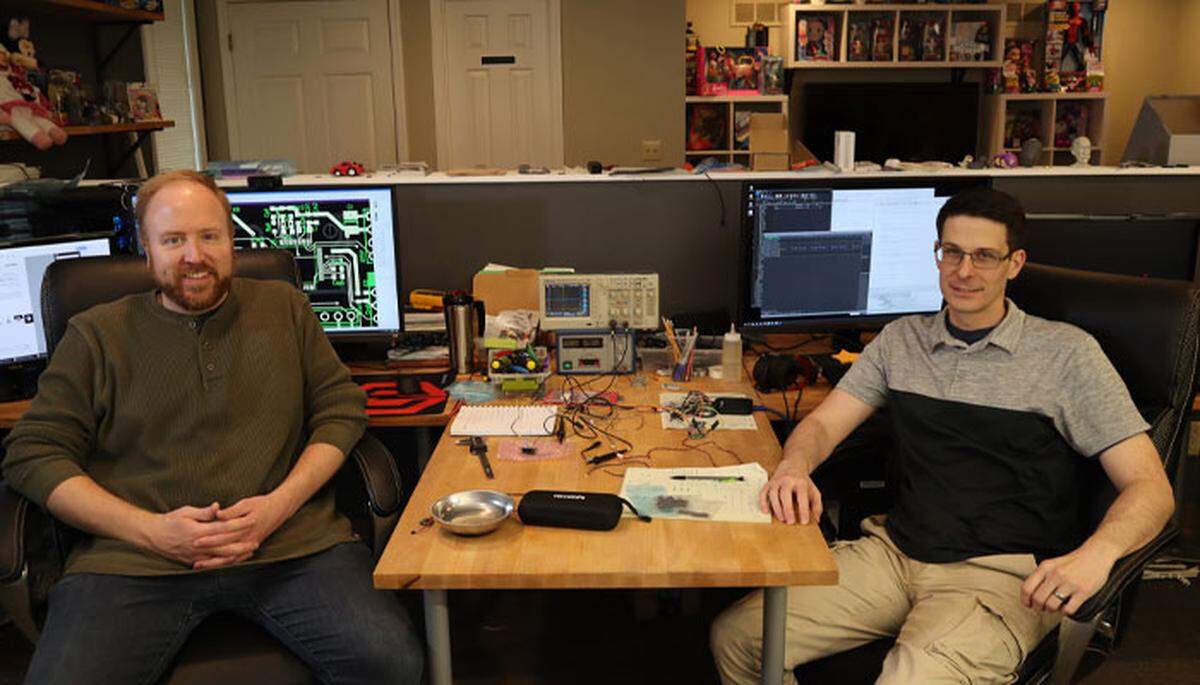 From left, electrical engineer Michael Gramelspacher, who moved to O’Fallon with his family in July 2021, and his business partner, Rory Sledge, set up shop earlier this year in a rehabbed commercial building at South Cherry and West Fifth streets as the home base for SG Labs, a product design, development, and consulting company with a specific focus on inventing and prototyping toys for license to toy manufacturers.