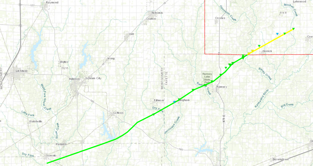 This map shows the path of a tornado that passed near Ramsey and Herrick, Illinois.