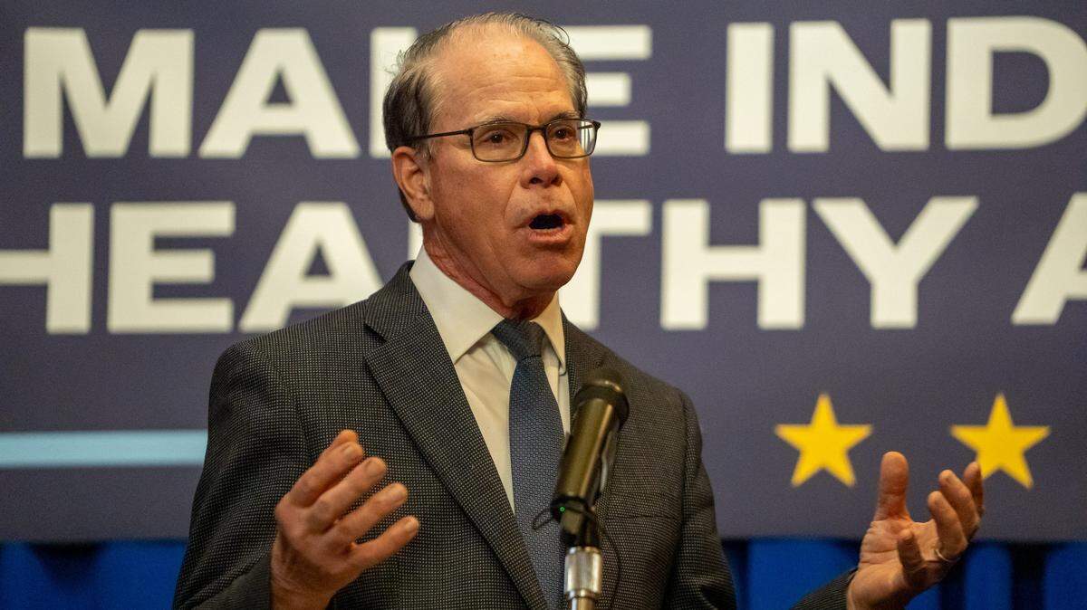 Indiana Gov. Mike Braun announces Tuesday, April 15, 2025, the Make Indiana Healthy Again initiative during a press event inside the Authors Room at the Indiana State Library.