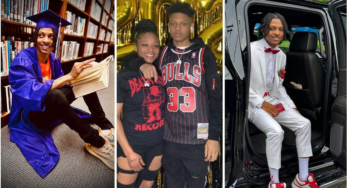 Belleville murder victim Montavion Conrad is shown, left to right, around the time of his Collinsville High School graduation in 2024; with his mother, Megan Taylor, at a New Year’s Eve party in 2020; and before prom in 2024.