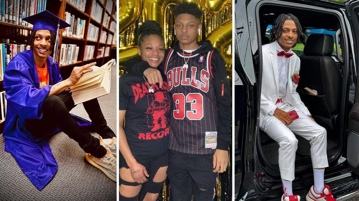 Belleville murder victim Montavion Conrad is shown, left to right, around the time of his Collinsville High School graduation in 2024; with his mother, Megan Taylor, at a New Year’s Eve party in 2020; and before prom in 2024.