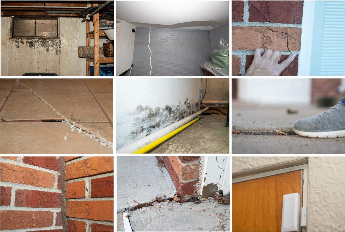 Mine subsidence has caused shifting and cracking in the home that Vickie Jordan shares with her daughter, Kelly Jordan, on Chaucer Drive in Belleville. Water pours from a basement window during heavy rain.