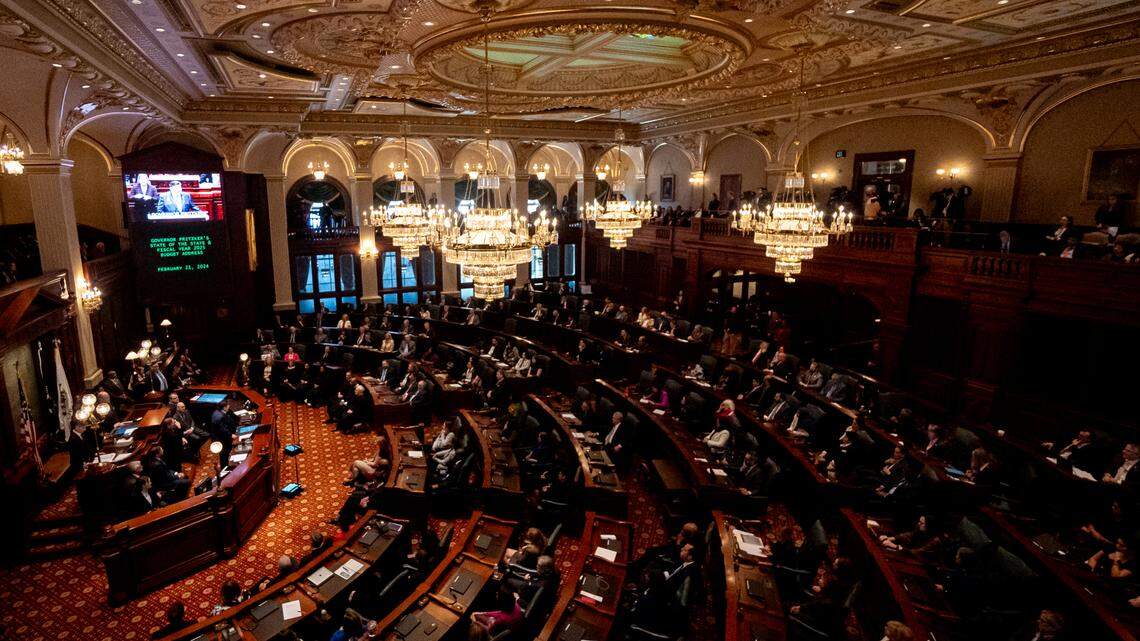 Legislators listen to Illinois Gov. J.B. Pritzker deliver his annual budget address on Wednesday, Feb. 21, 2024, at the statehouse in Springfield, Ill.