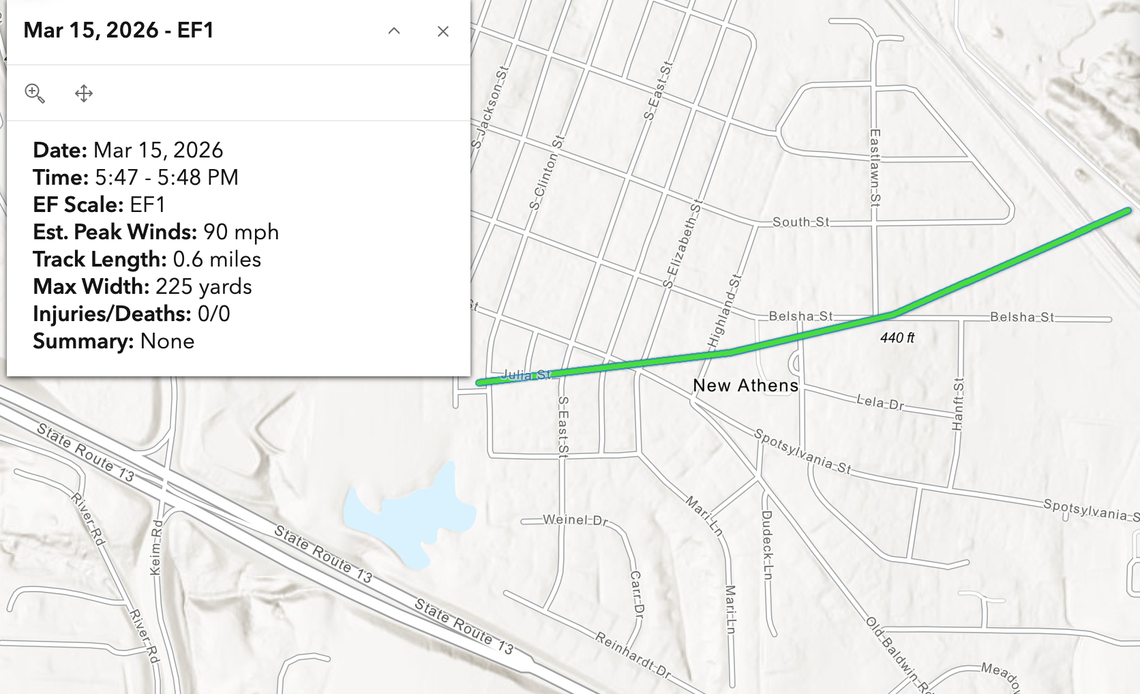 The U.S. National Weather Service determined an EF1 tornado touched down along the highlighted path in New Athens during a March 15, 2026, storm.