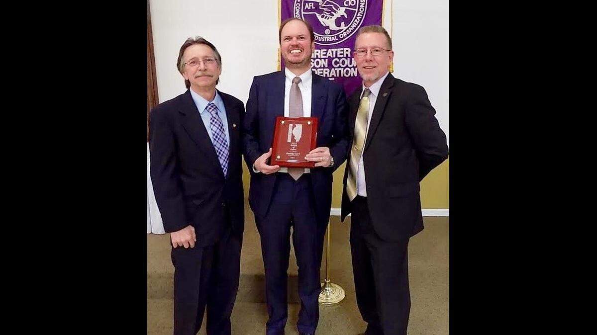 Edwardsville attorney Randy Gori, center, is presented with the Greater Madison County Federation of Labor’s Friend of Labor award in 2018 by federation president B. Dean Webb, right, and executive board member Rick Stamer.