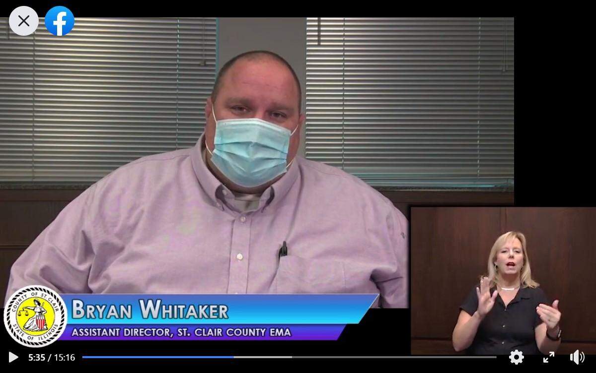 Bryan Whitaker, assistant director of the St. Clair County Emergency Management Agency, provides information during a Facebook video briefing on Saturday.