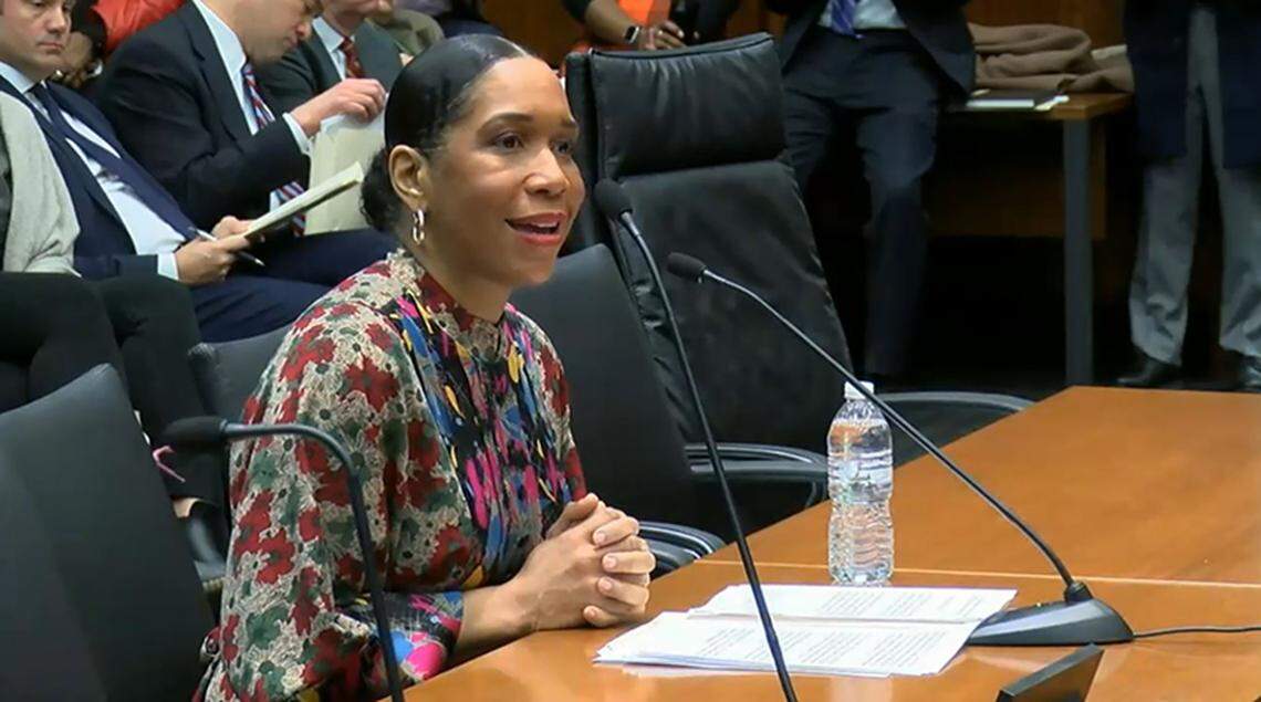 Lt. Gov. Juliana Stratton testifies before a joint legislative committee hearing in Chicago, arguing that thousands of Illinoisans are held behind bars simply because they cannot afford their bail.