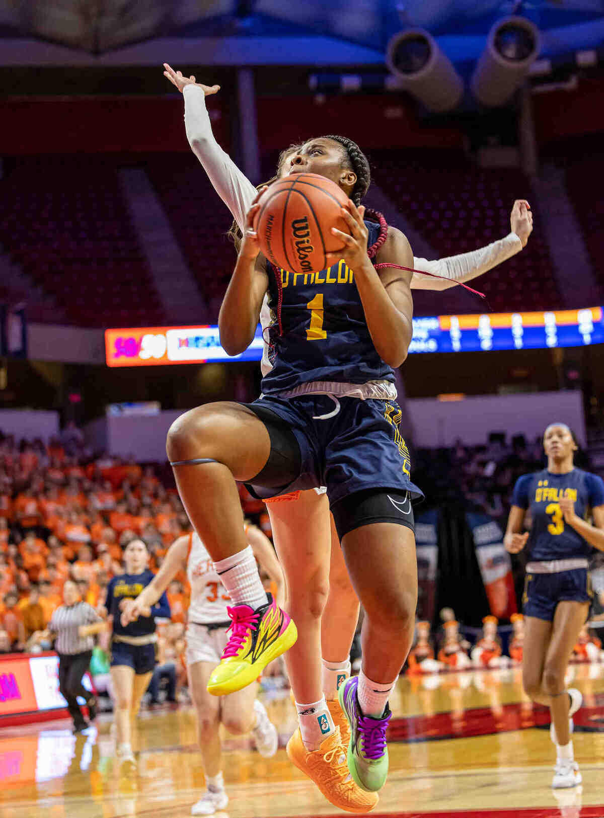 O’Fallon’s Jailah Pelly goes to the basket during Friday’s IHSA Class 4A state semifinals game against Hersey. The Panthers ultimately prevailed 77-60 to advance to the state title game.