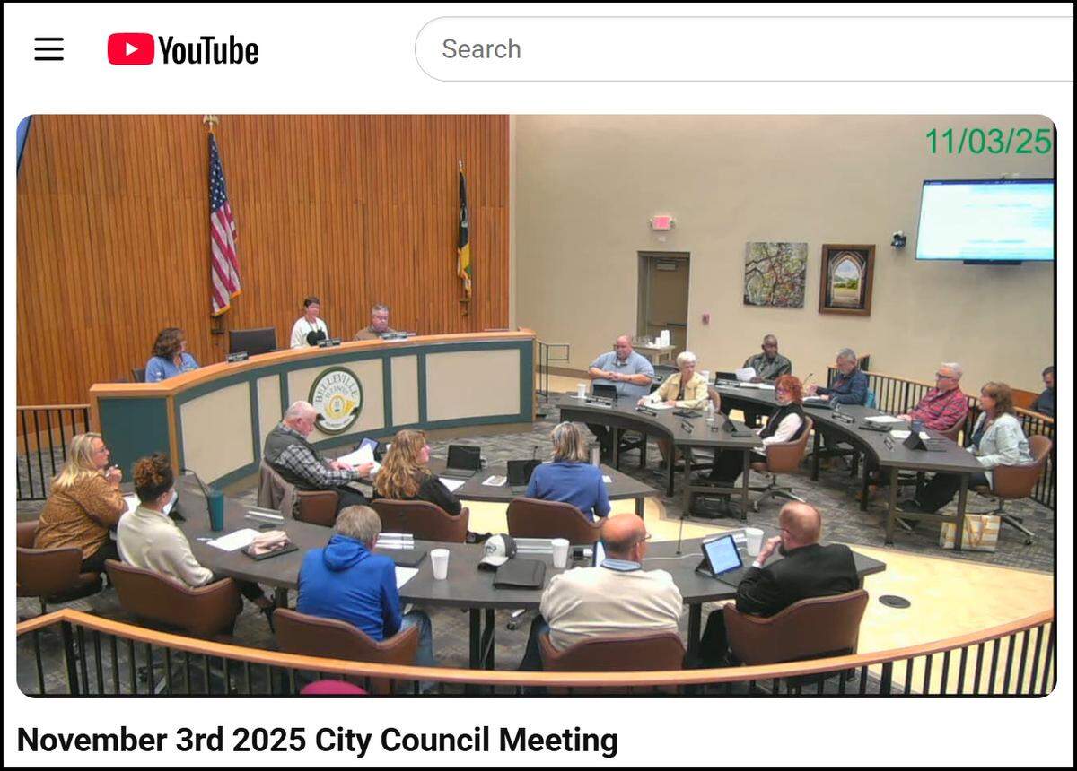 This screenshot from Belleville City Council’s meeting on Nov. 3 shows Ward 1 Alderpersons Bryan Whitaker and Lillian Schneider, seated below the exit sign, during discussion of an Airbnb request from one of their constituents.