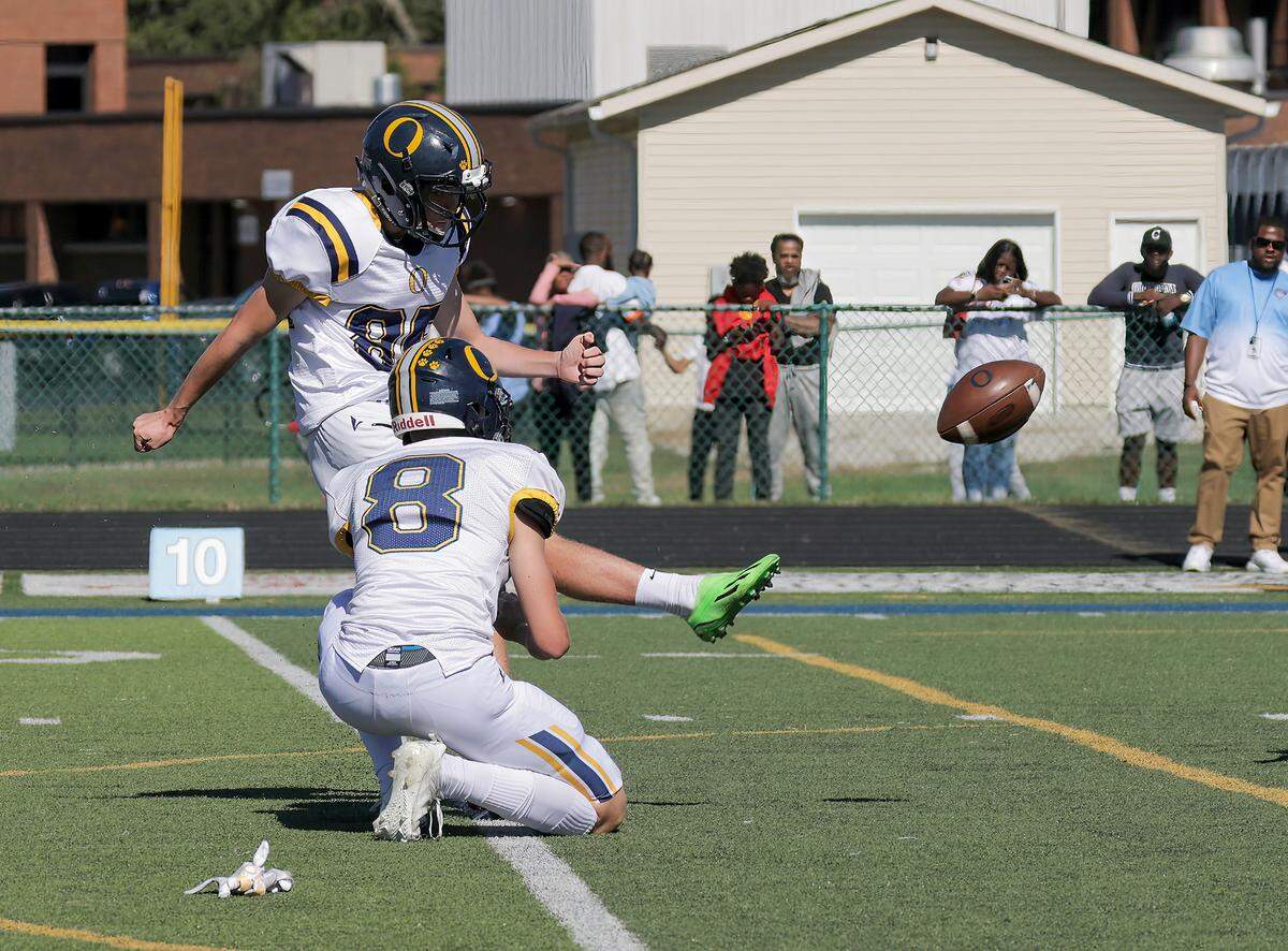 O’Fallon High School’s Brogan Hartman attempts a kick during a game against Belleville East this season. Hartman is the winner of the latest Belleville News-Democrat Player of the Week high school poll, as selected by readers of bnd.com.