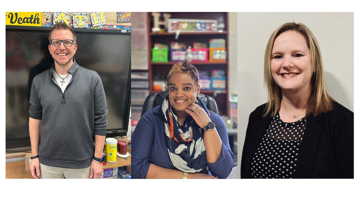 (Left to right) Joshua Veath, fifth grade math, science and social studies teacher at Mascoutah Elementary School; Ashley Whittington, middle and high school English teacher at the Center for Educational Opportunities in Troy; and Meonshai Houston, fourth grade English Language-Arts and social studies teacher at Annette Harris Officer Elementary School in East St. Louis are finalists for the 2026 Golden Apple Awards for Excellence in Teaching.