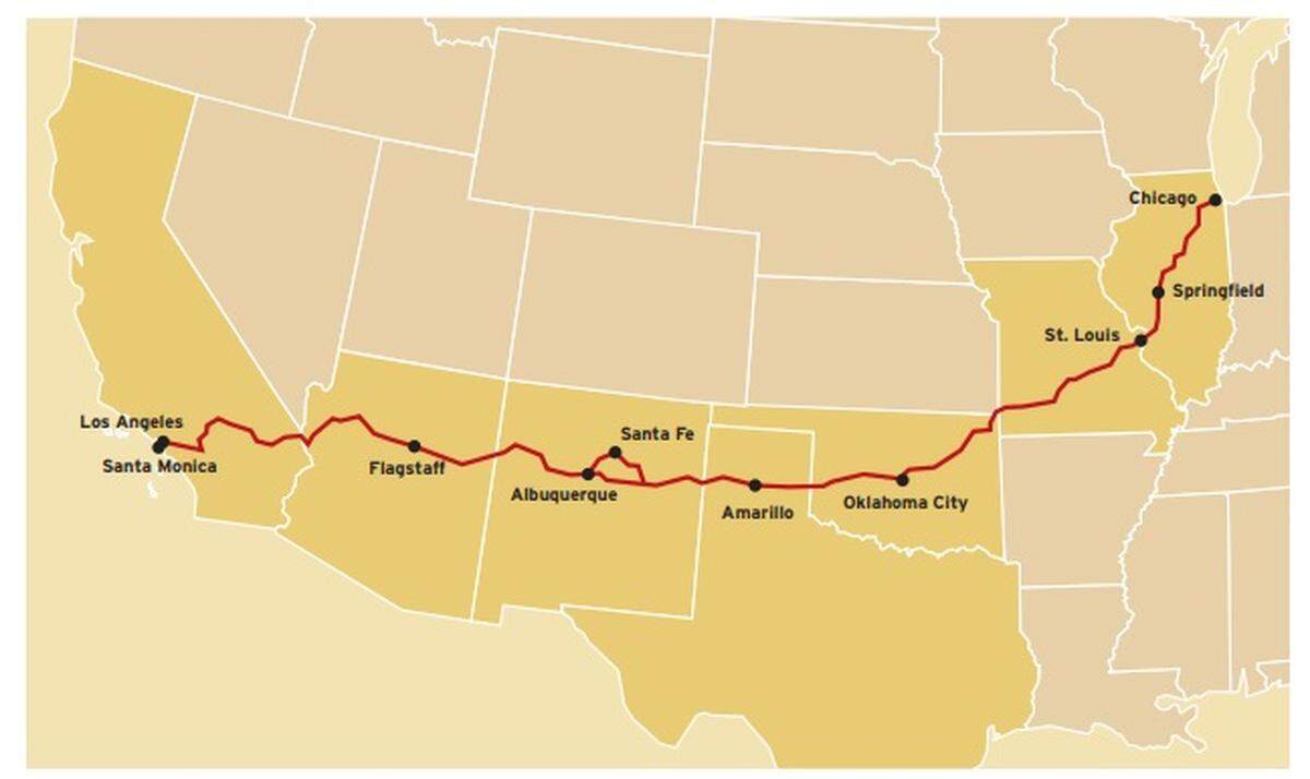 This map shows the path of Route 66 through the United States.