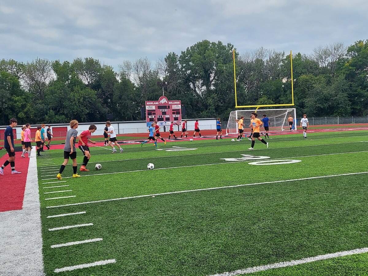 Highland High School soccer players work through a ball-touch dribbling drill during practice Tuesday, Aug. 15. The Bulldogs open the season Tuesday, Aug. 22.
