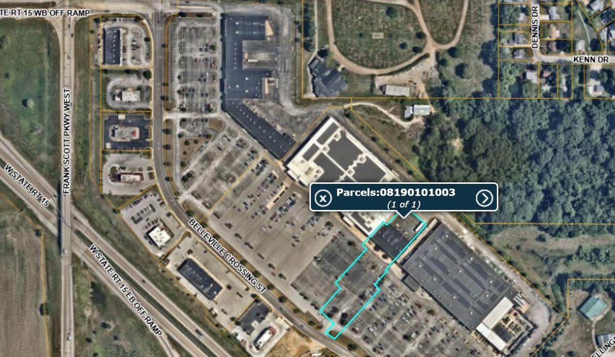 The turquoise line on this St. Clair County parcel map shows the smaller of two sections of the main strip mall at Belleville Crossing shopping center. It was recently sold to Timber Belleville Properties.