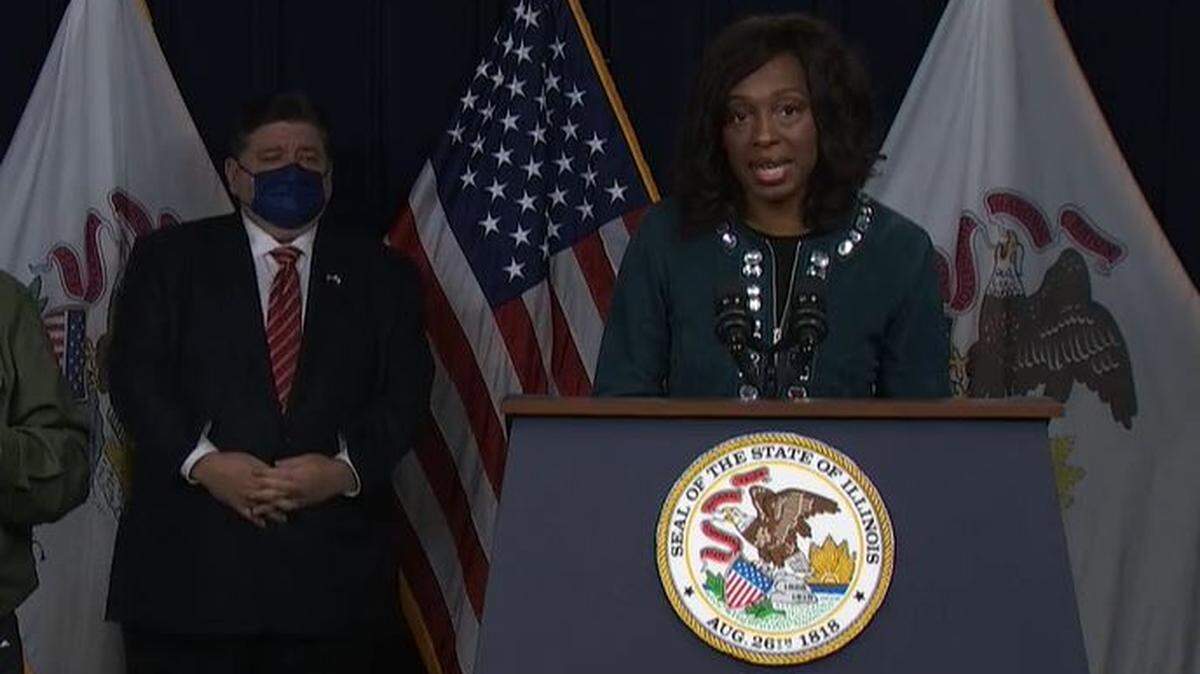 Illinois Department of Public Health Director Dr. Ngozi Ezike gives a COVID-19 update on Dec. 27, 2021 in Chicago. On Thursday, O’Fallon Township High School 203 announced that school has been canceled Friday because of staffing shortages amid the latest COVID-19 wave.
