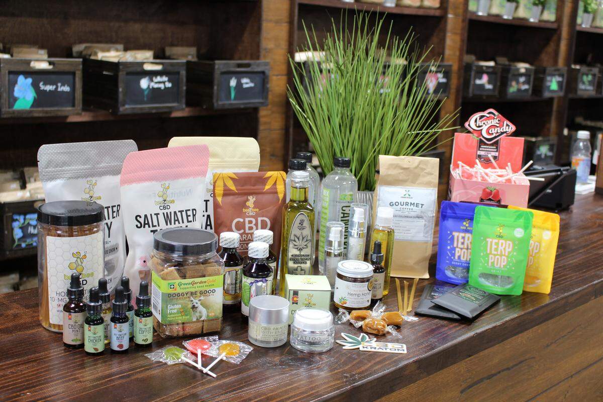 CBD products at the CBD Kratum store in Belleville include tinctures, creams, oils, bottled water, dog biscuits and human edibles such as taffy, suckers and caramels.