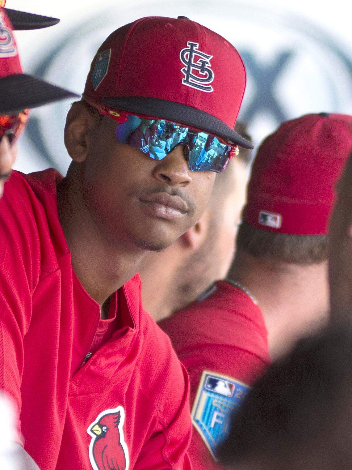 Relief pitcher Alex Reyes in the dugout during a spring training game in Jupiter, Florida.