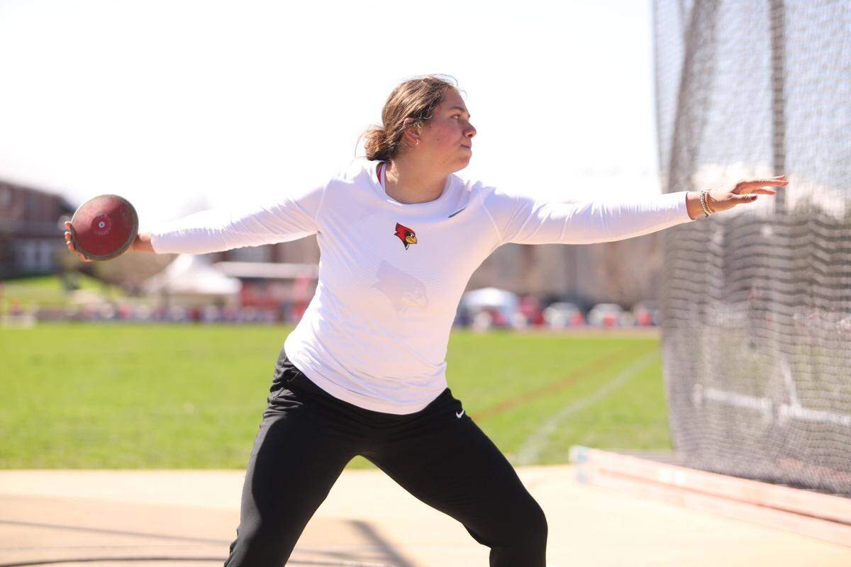 Illinois State sophomore-to-be Taylor Kesner sets to throw the discus during an outdoor meet this past spring during her freshman season. Kesner, a Highland High School graduate, took second place in the discus at the 2022 Missouri Valley Conference Championships in May.