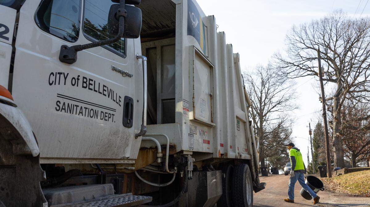 Kevin Arnold, 60, completes his route of waste disposal in one of Belleville’s trash trucks on Feb. 21, 2024.