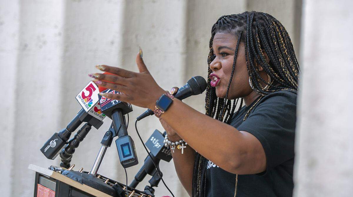 Rep. Cori Bush (D-MO) speaks during the Stop the Bans Coalition rally in response to Texas’ Abortion Ban. The rally was held on the Old Courthouse steps in St. Louis.