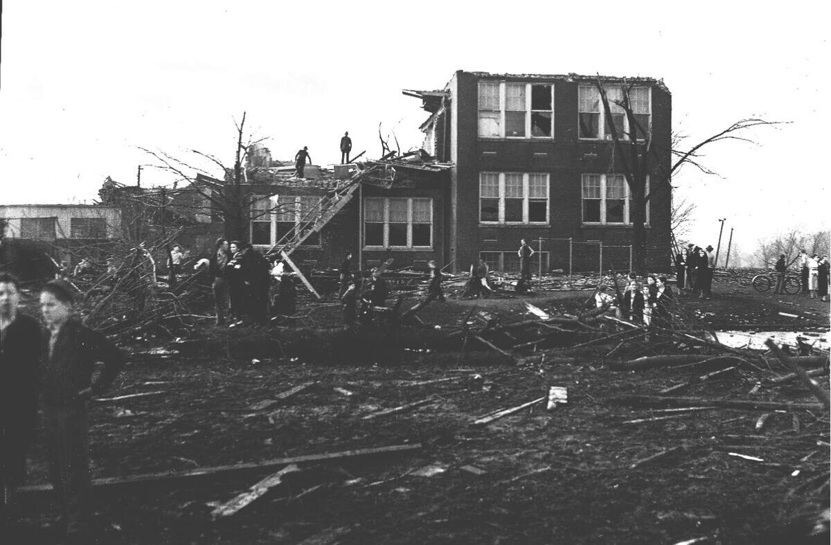 The ruins of Union School after the 1938 tornado. The students had gone home about 90 minutes before the storm struck.