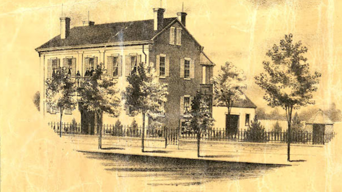This 1863 drawing shows the Scheel home in the 200 block of South Illinois Street in Belleville. It was demolished and replaced with Central Junior High School. The site is now occupied by the Downtown Belleville YMCA parking lot.